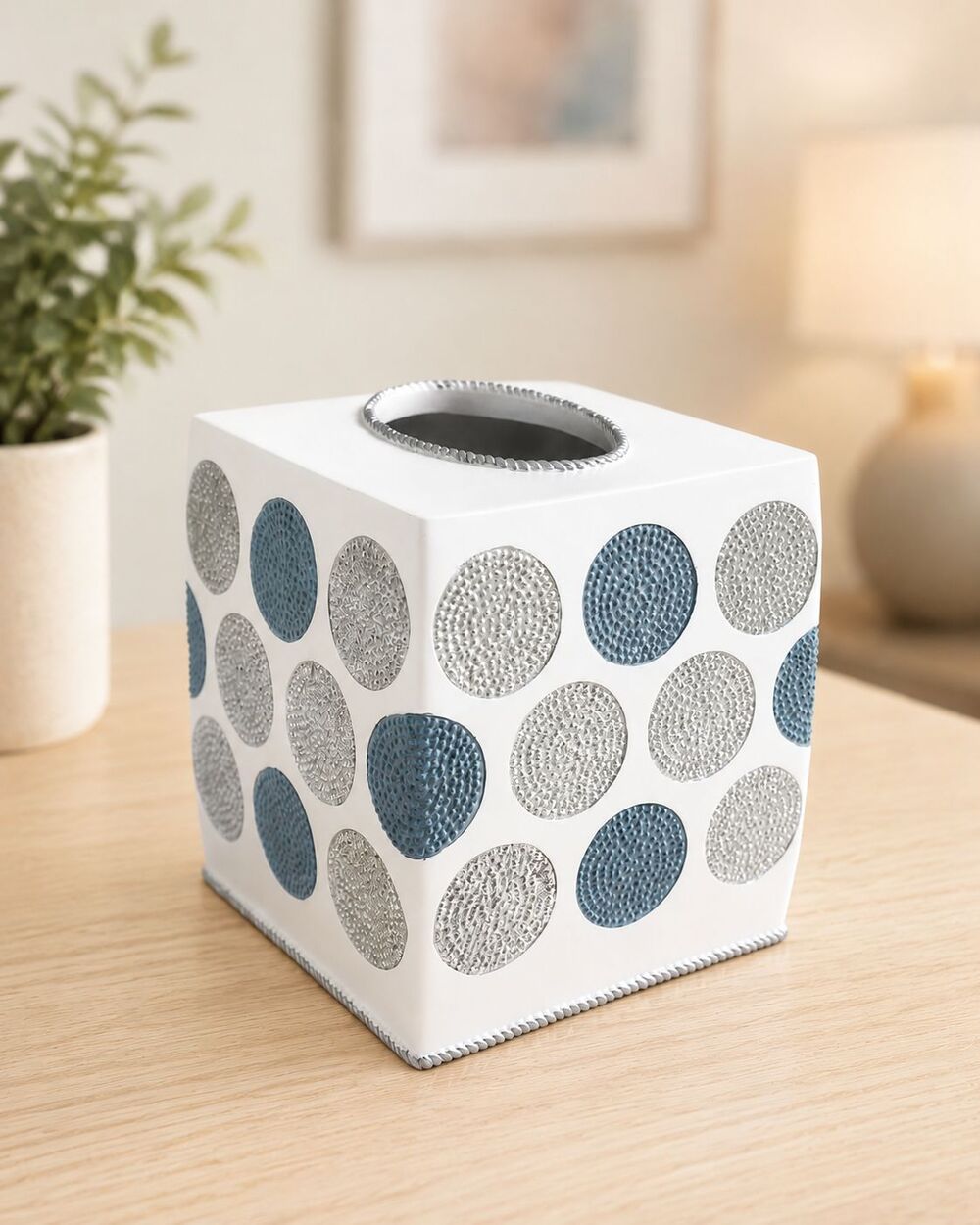 Modern Tissue Box Cover Light Cream Silver Blue Polka Dot Design Square